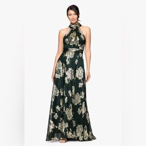 Betsy & Adam Emerald Green Gold Floral Halter Gown Petite 8P NWT Formal Evening